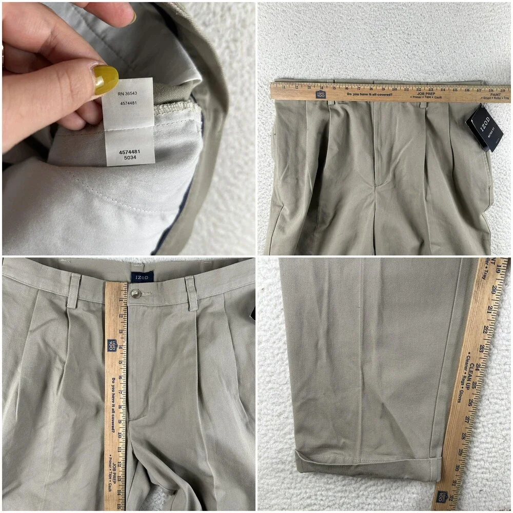 IZOD Pants Mens 35x30 Beige Wrinkle Free American Chino Pleated Cuffed
